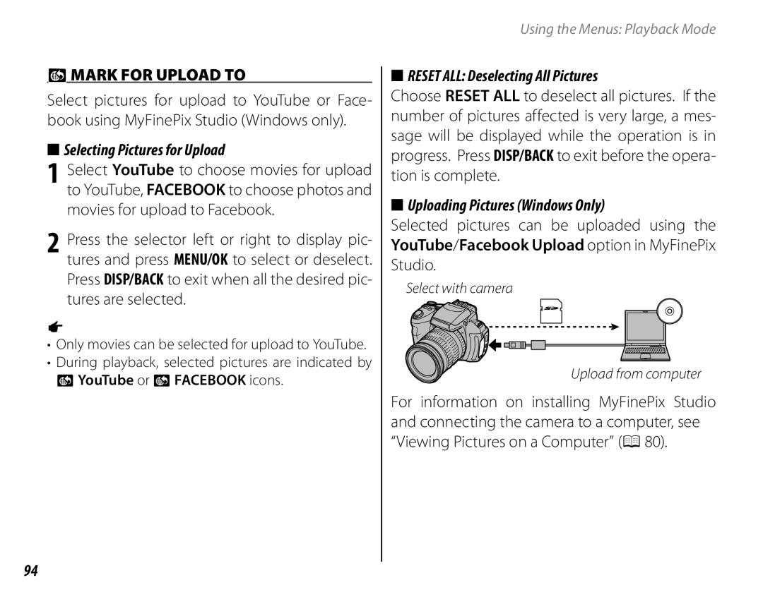 FujiFilm 16286187-4-KIT  MARK for Upload to, Selecting Pictures for Upload, Reset ALL Deselecting All Pictures 